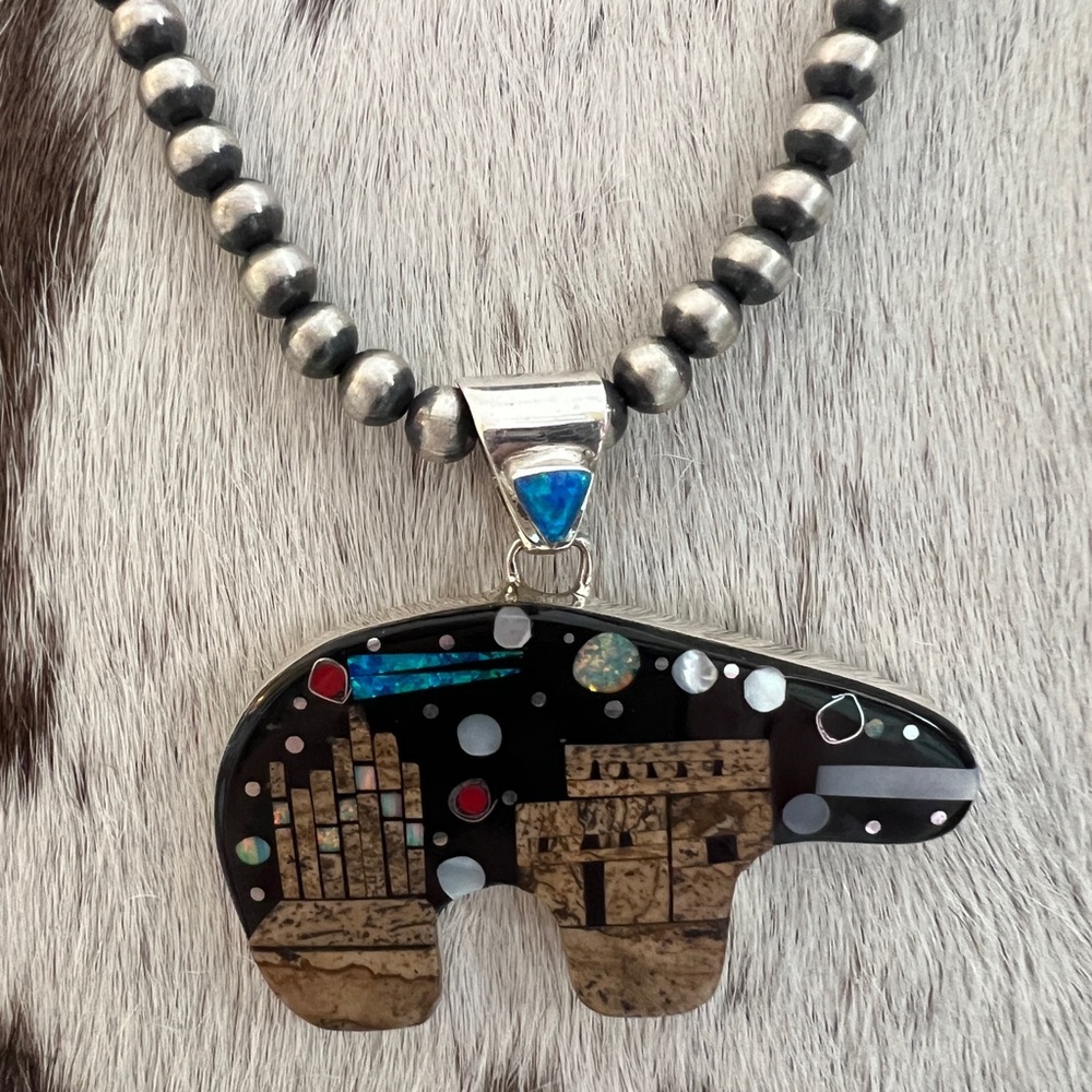 ❤️ Signed RD Zuni Galaxy Native American Navajo LG 925 Bear Pendant 13.6G Unisex